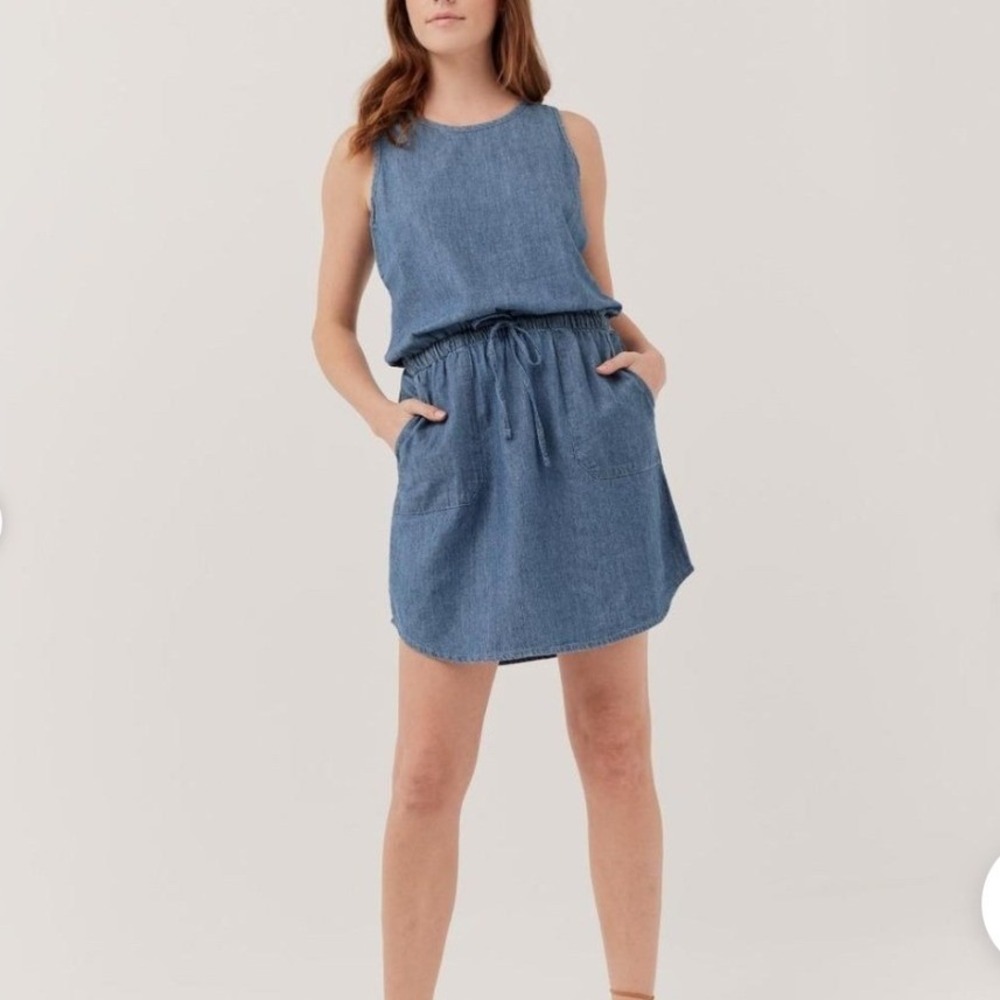 Pact Womens Blue Organic Cotton Chambray Sleeveless Drawstring Waist Dress Large
